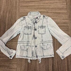 Aeropostale Grey Denim Washed Button Zip Cinch Jacket with Pockets and Stitching